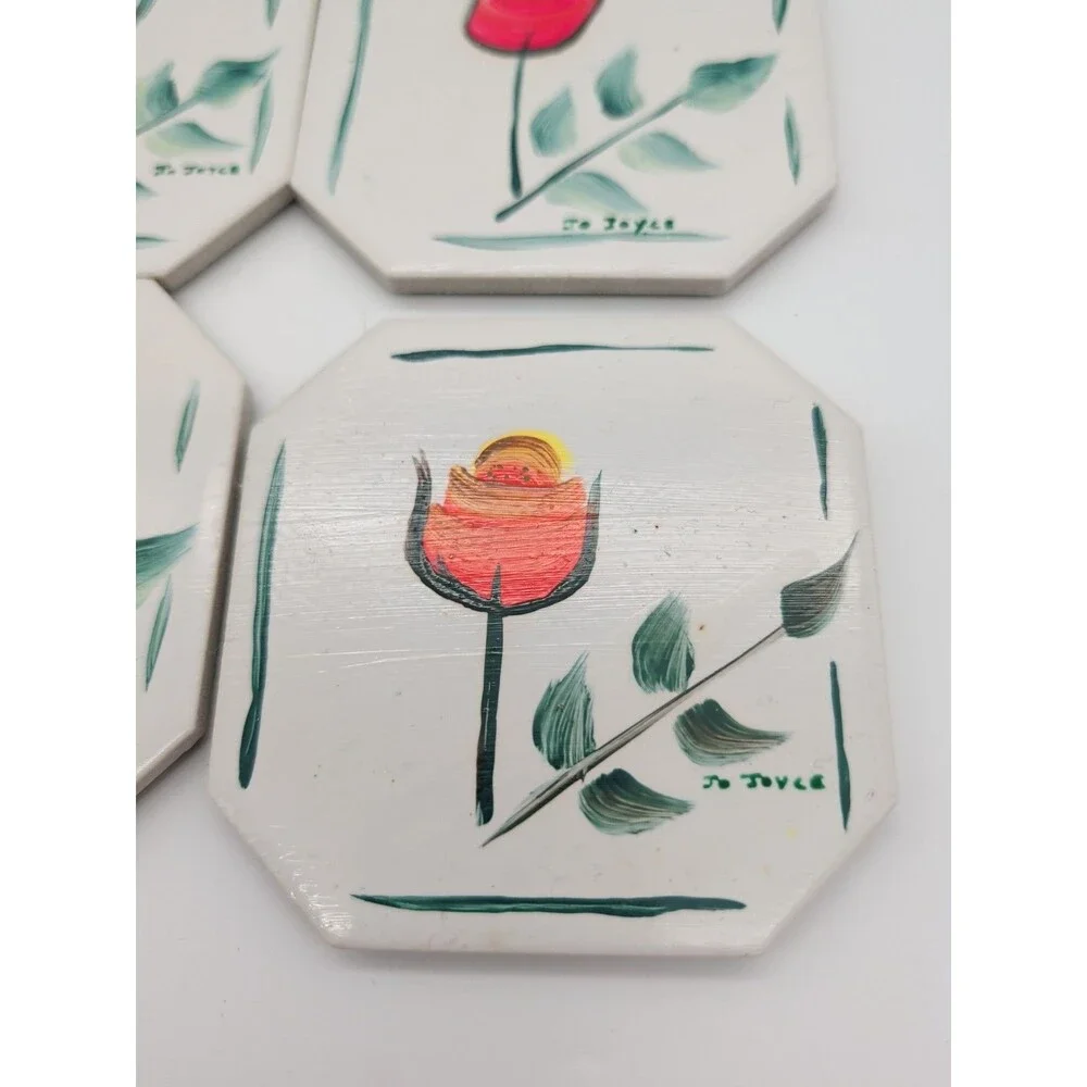 4 Vtg Jo Joyce Hand-painted Tile Coasters Rose Tulip Floral Grandma Core Cottage